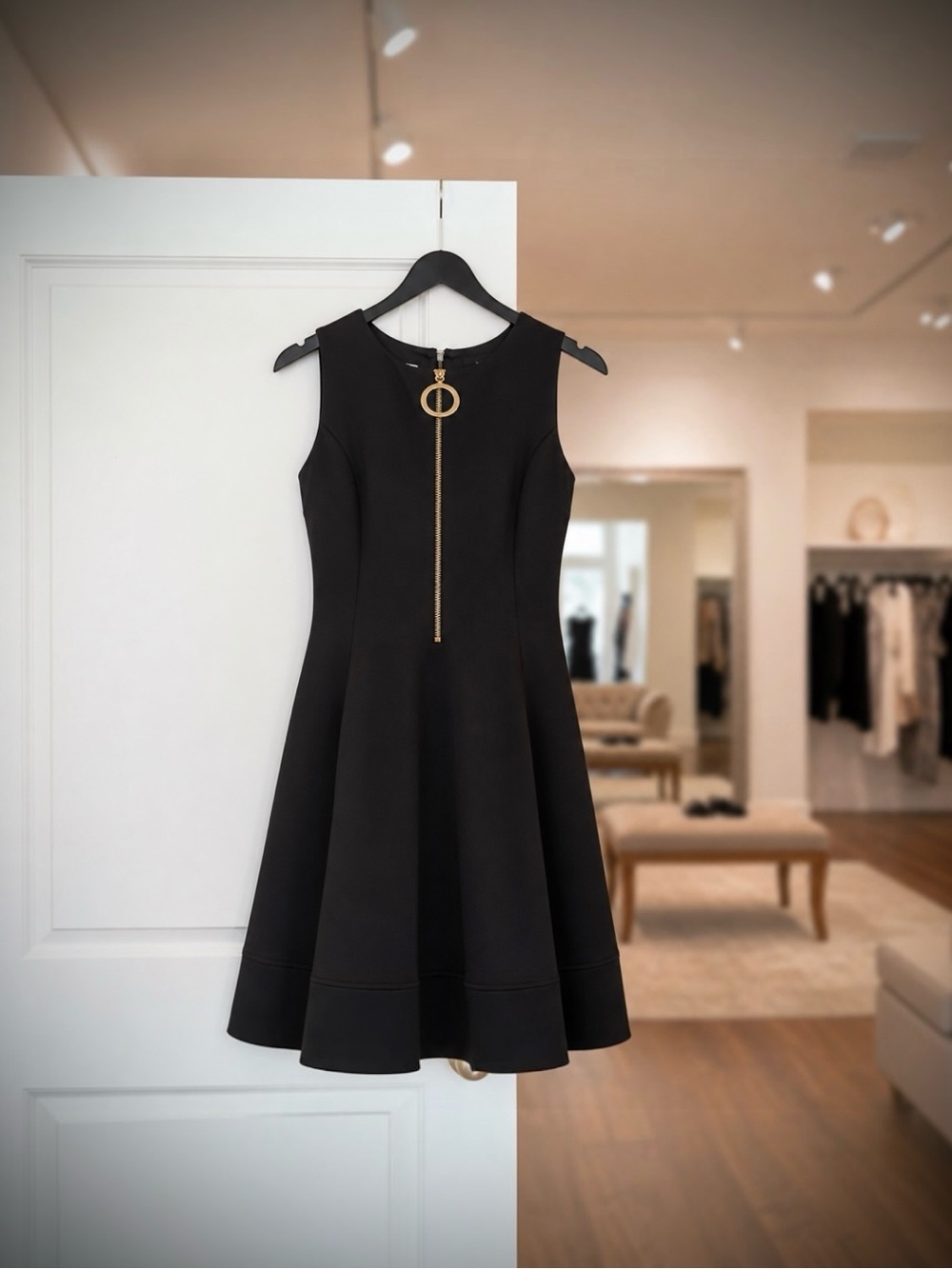 DKNY Black Sleeveless Fit & Flare Gold Zip Dress NWT Size 8 - Picture 2 of 5